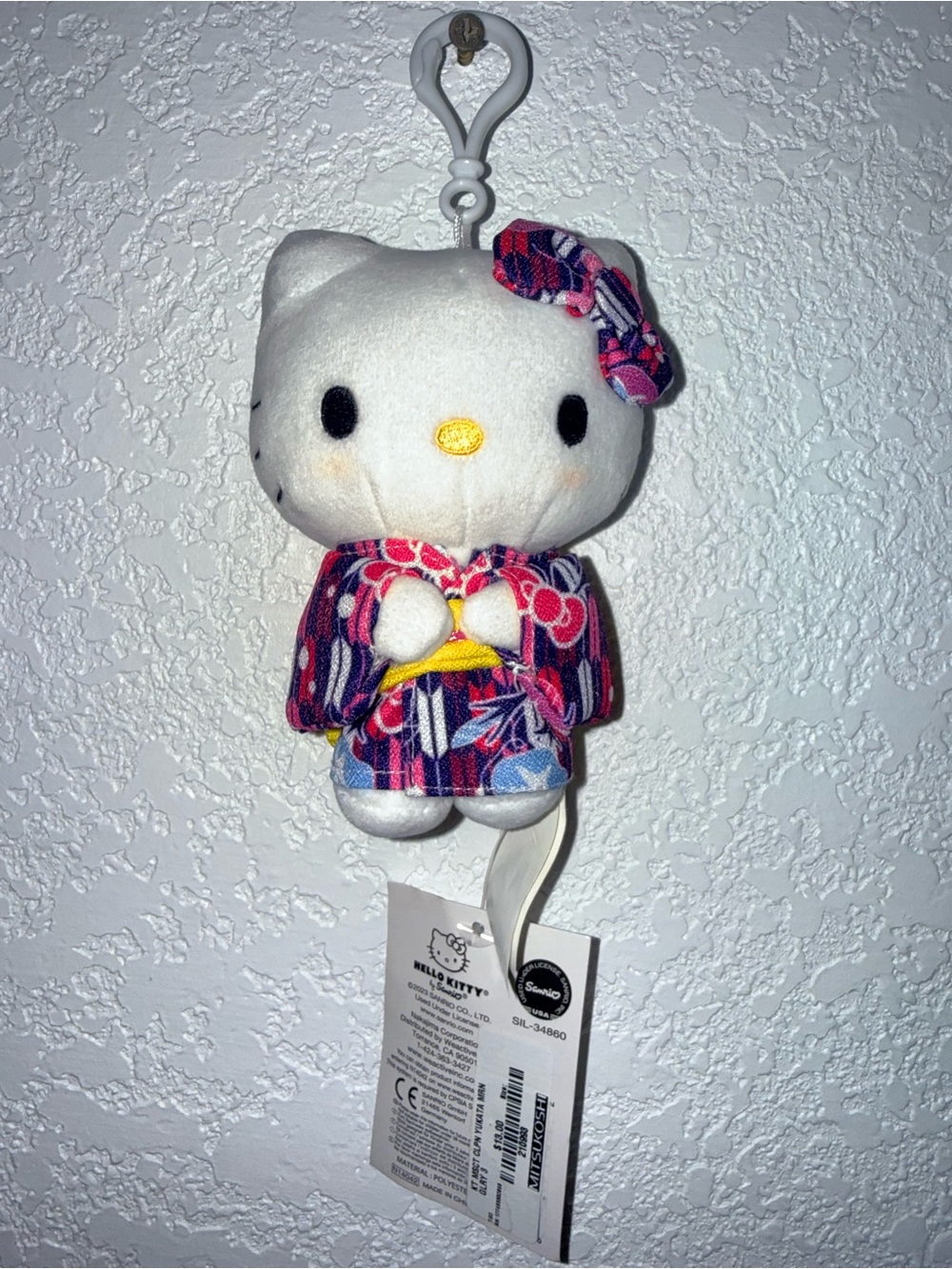 Hello Kitty White Plush Keychain with Pink & Purple Kimono and Yellow Bow